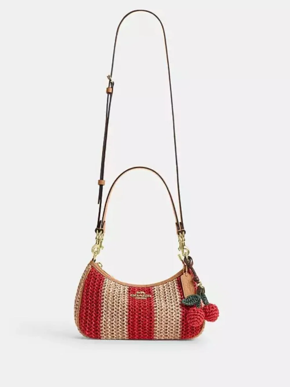 COACH teri shoulder bag with stripes and charm. gold/red/tan. item # cer34.